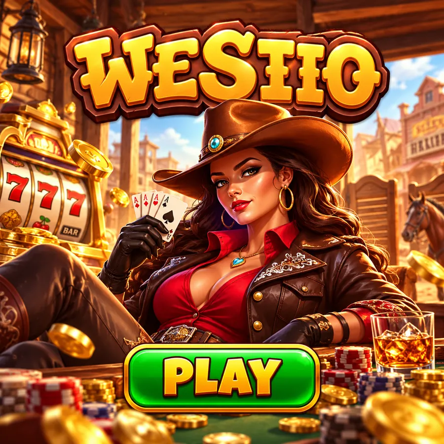 Cowgirl dealer with a slot machine and a play button