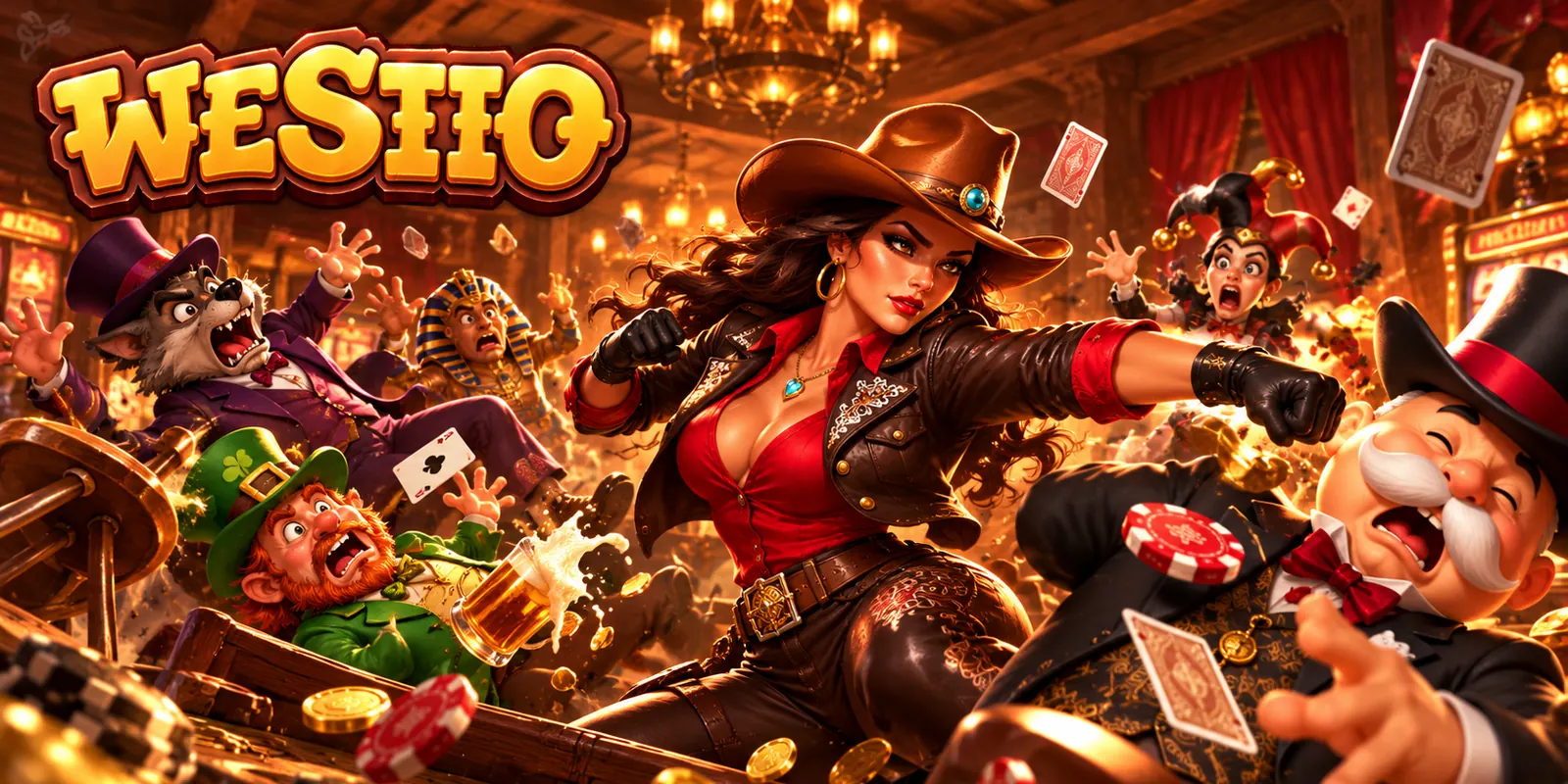 Cowgirl starting a saloon brawl as cards and coins fly through the air