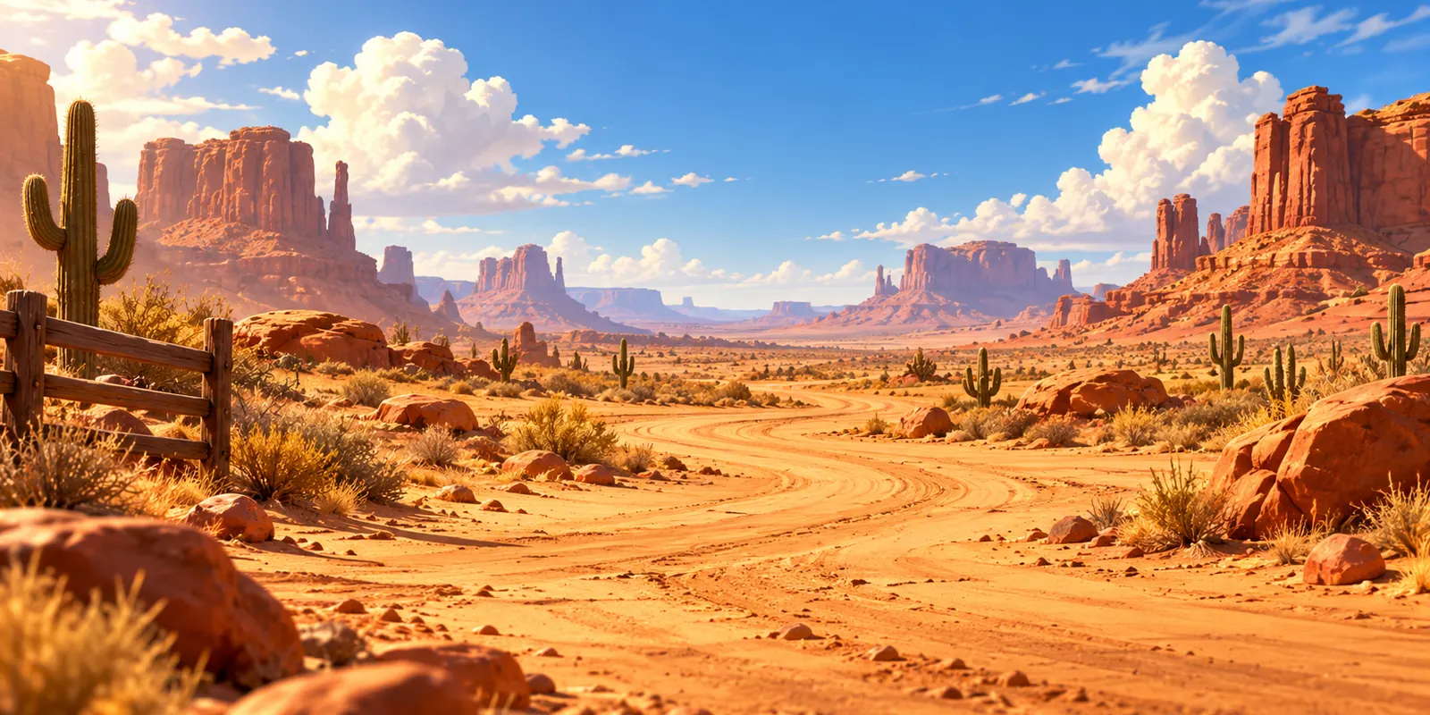 Wild West desert trail winding between red rock mesas